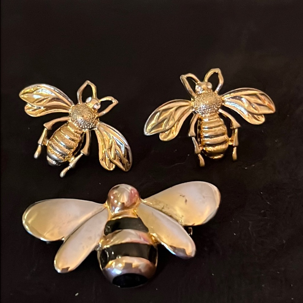 Vintage bumblebee pierced earrings & brooch set